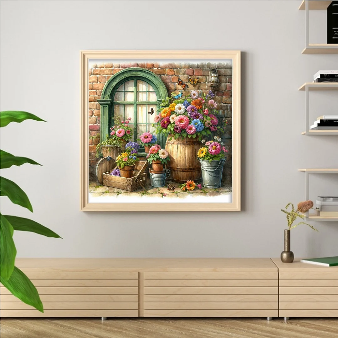 Flowers By The Window Full 11CT DIY Stamped Cross Stitch Kits 40x40cm for Adults