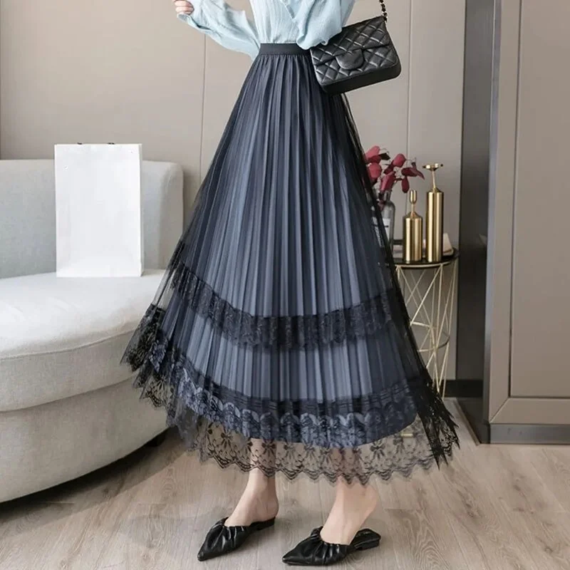 Jangj Women's Two-Sided Pleated Skirt 2022 Elegant Chic Lace Mesh Long Maxi Skirt Female Elastic High Waist A Line Skirts