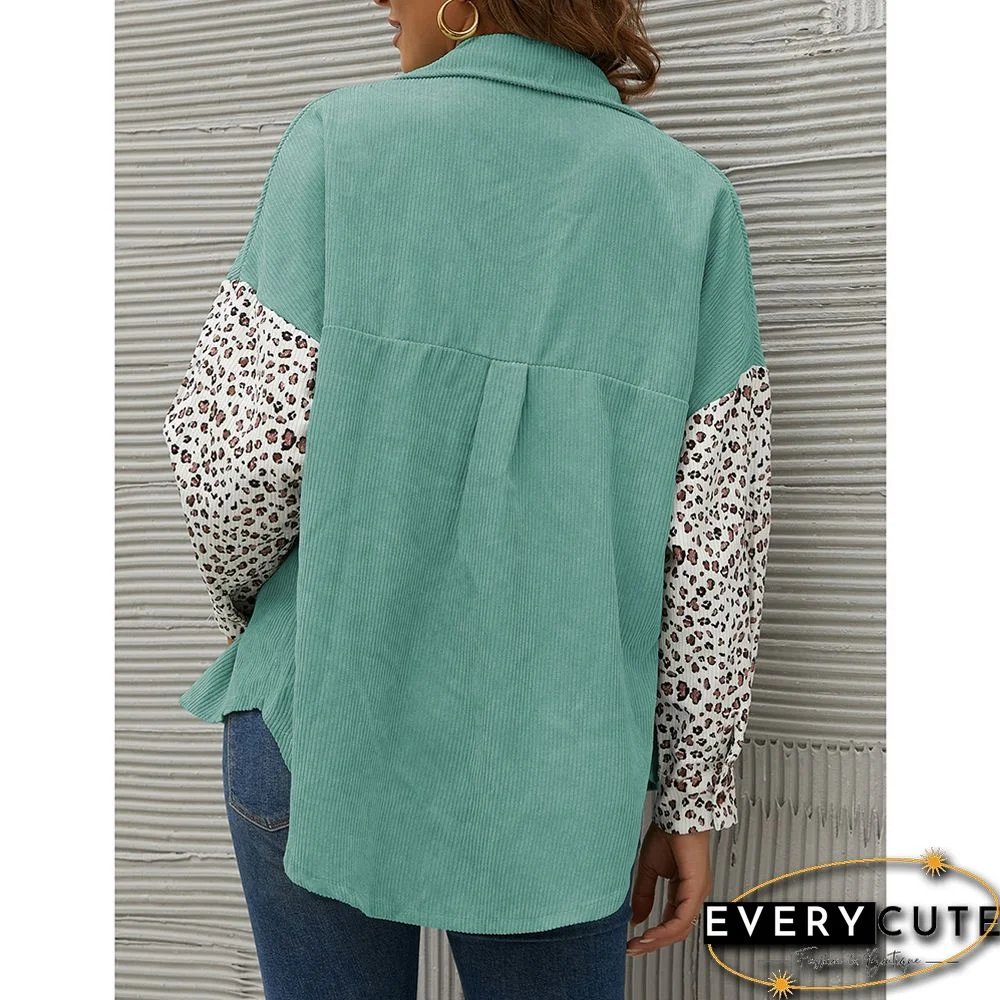 Green Contrast Leopard Corduroy Button Down Shirt