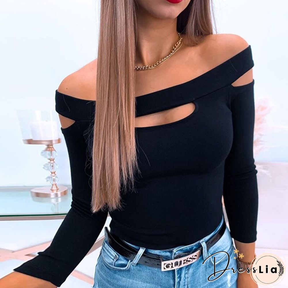 Women Fashion Chic Hollow Out Blouses Shirts New Sexy O-Neck Slim Solid Black Tops Casual Long Sleeve Blusas Streetwear Xl