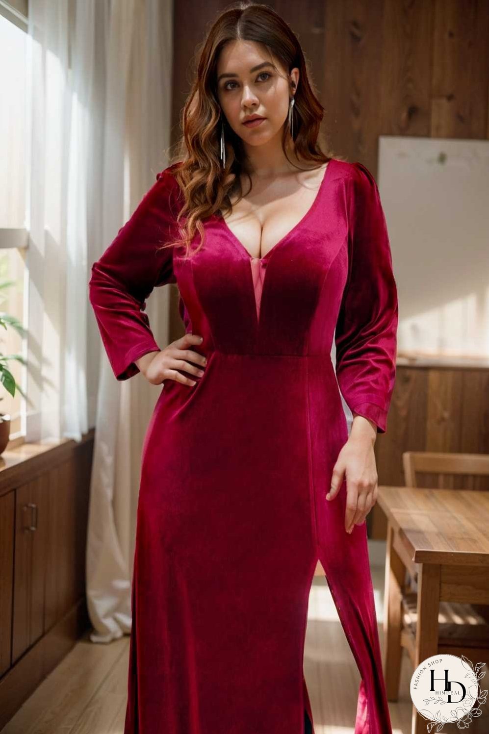 velvet 3 4 length sleeve illusion v neck front slit evening dress