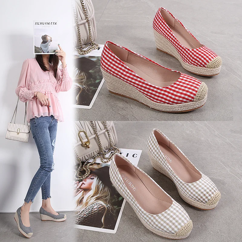 Wongn Wongn And Autumn New Fisherman Shoes Slope Heel Thick Sole Single Shoes Female Round Head Shallow Mouth Women's Shoes Twine Grass Sole