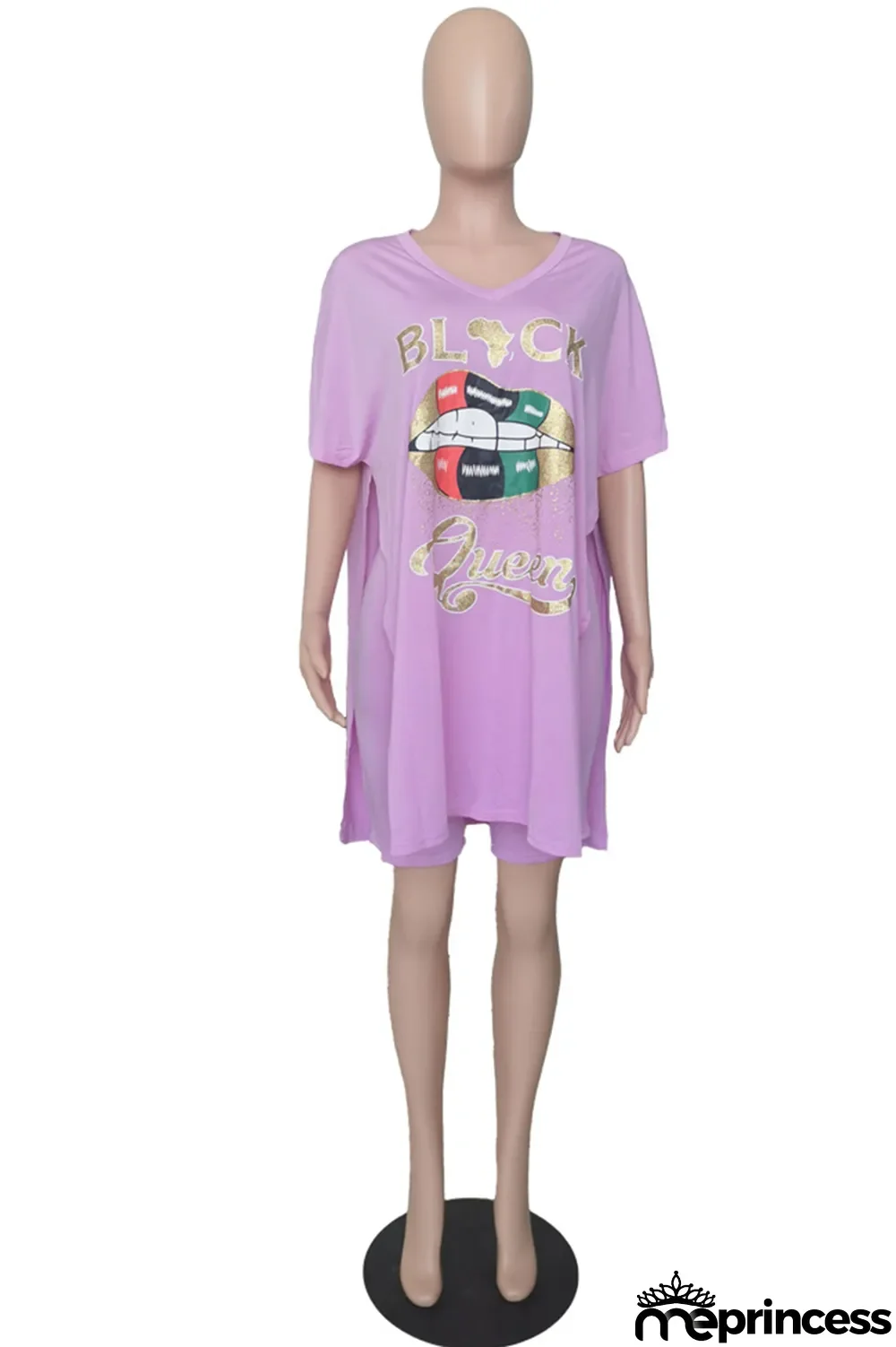 Rose Red Fashion Casual Letter Lips Printed Slit V Neck Two Pieces