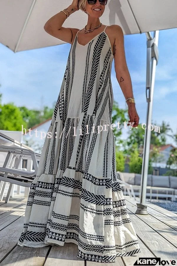 Away on Vacay Ethnic Print A-line Cami Maxi Dress