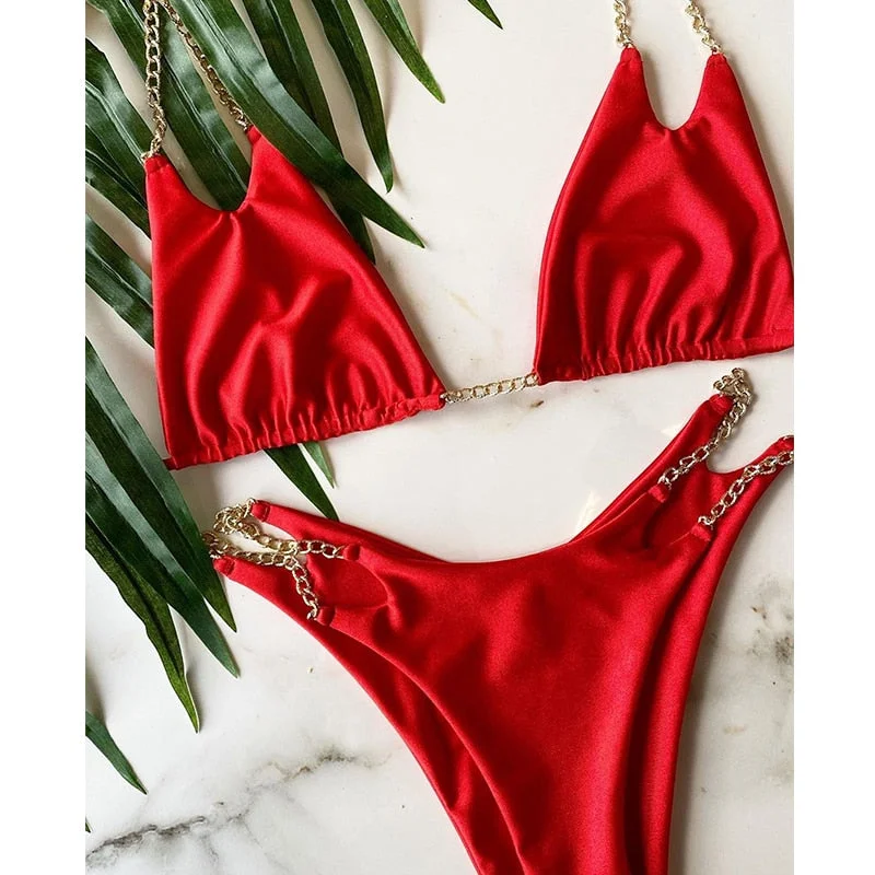 Peachtan Sexy bandeau bikini set 2021 Chain swimsuit female Black swimwear women Summer bathers bathing suit Mellatic biquini