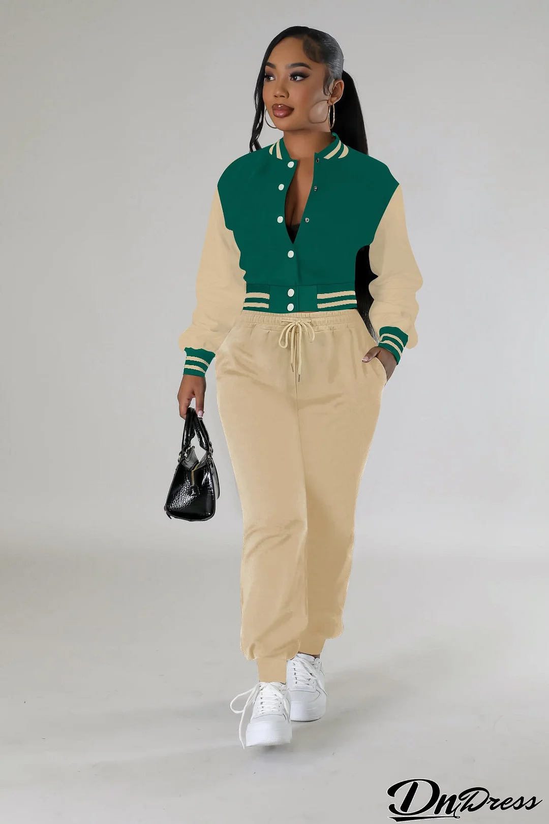 Women's Fashion Contrast Color Baseball Jacket Pants Two-Piece Set
