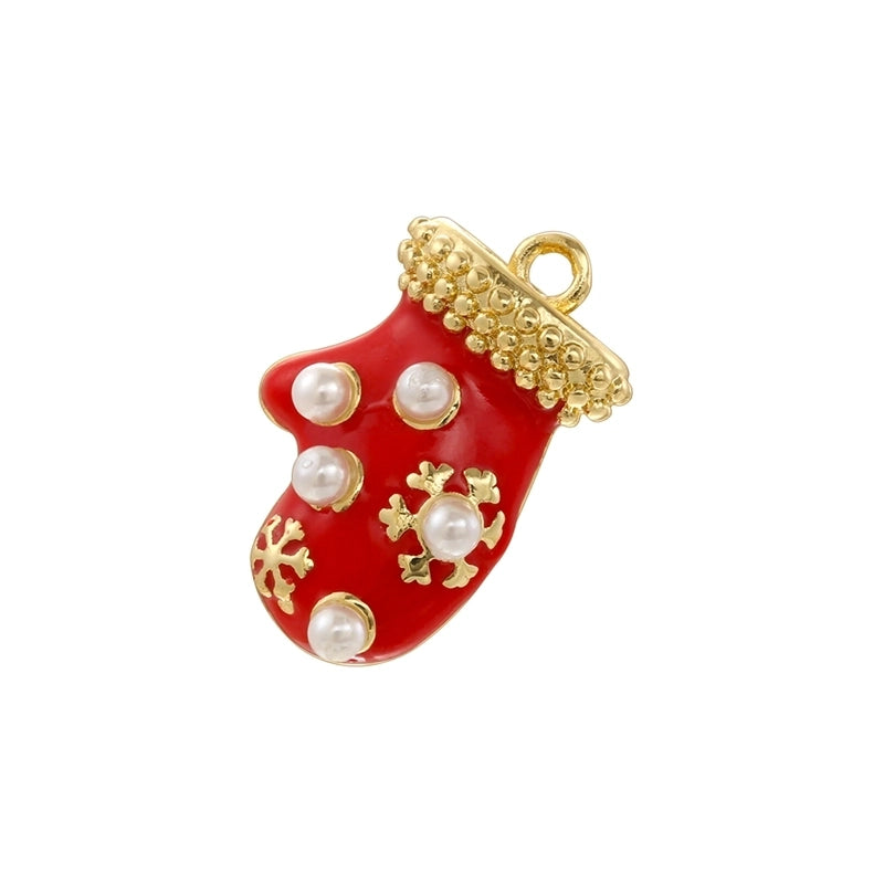 1 Piece Copper Artificial Pearls Zircon 18K Gold Plated Christmas Tree Christmas Socks Bell Pendant