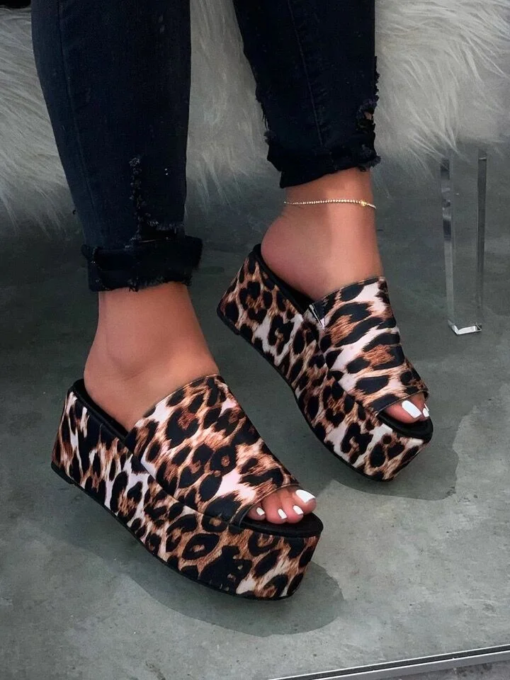 High-heeled Women Flatform Slippers Summer New Sexy Leopard Print Thick with Slides Women Large Size Shoes Woman Wedges Slipper