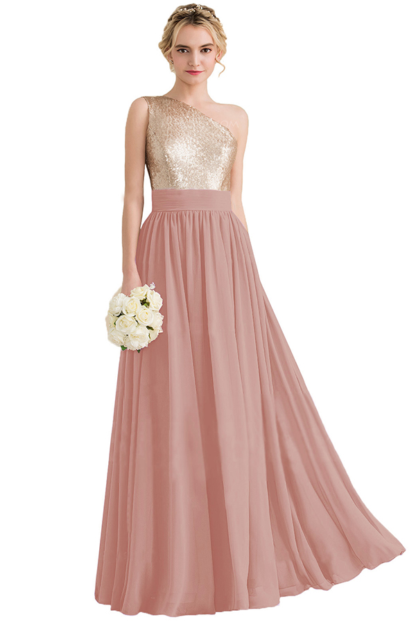 One Shoulder Sequins Long Bridesmaid Dress