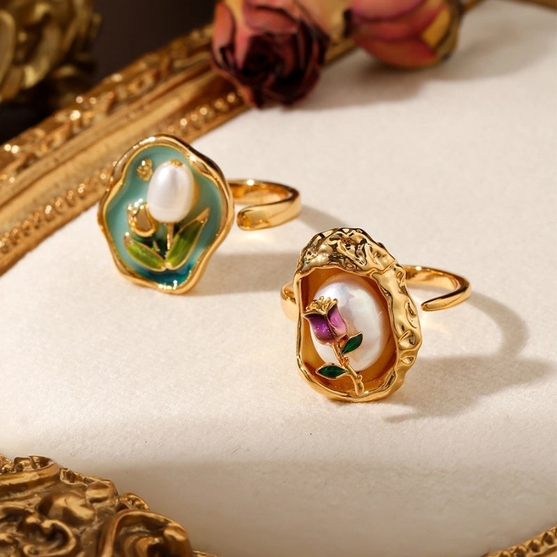 Copper Inlay Rose Pearl Open Rings