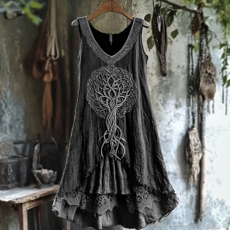 Tribal Tree Of Life Lace Patchwork Art Linen Tank Dress