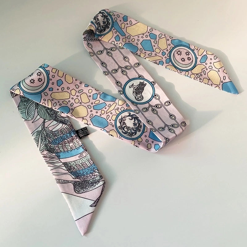 Women’s Minimalist Classic Style Color Block Satin Printing Silk Scarf