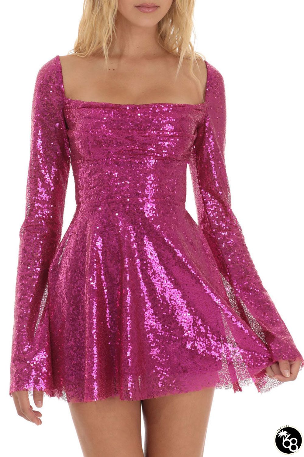 Sparkly Sequin Pleated Square Neck Bell Sleeve Skater Party Mini Dress - Hot Pink | 168DEAL