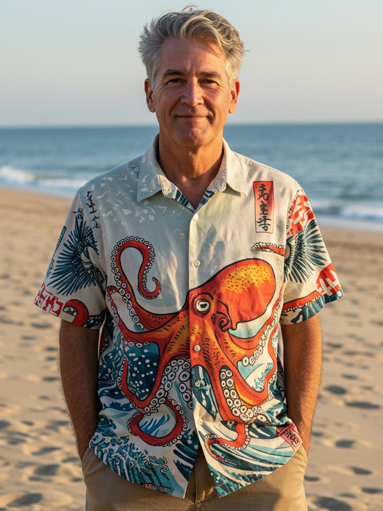 Men's Casual Japanese Art Ocean Octopus Printed Shirt