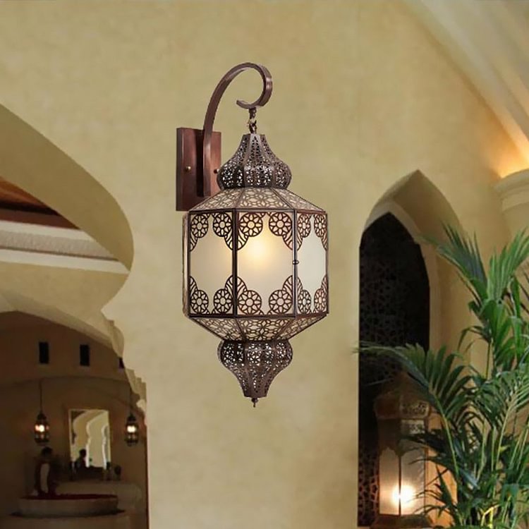 1 Head Metallic Sconce Lighting Traditional Black Lantern Outdoor Arab Wall Mount Lamp