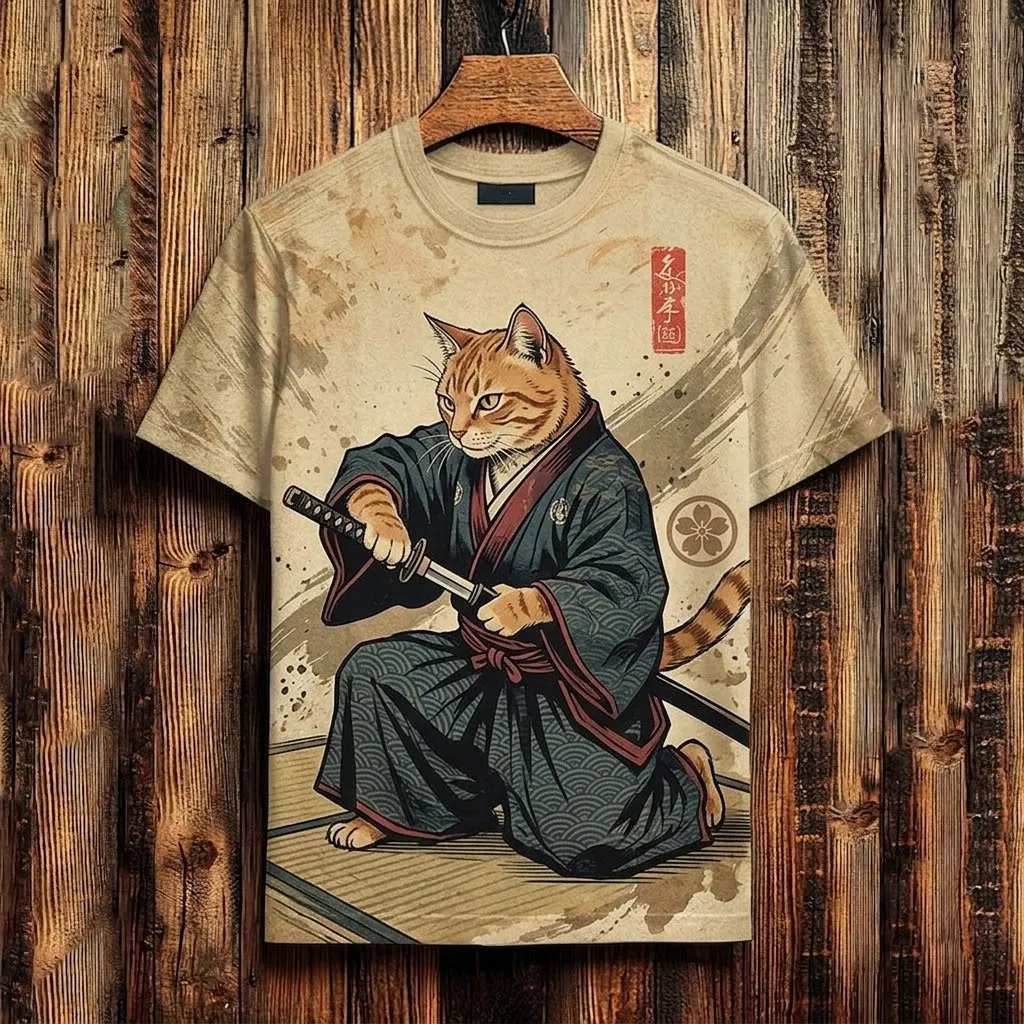 Men's Japanese Black Cat Samurai Art Print Short Sleeve Casual T-shirt  artssus