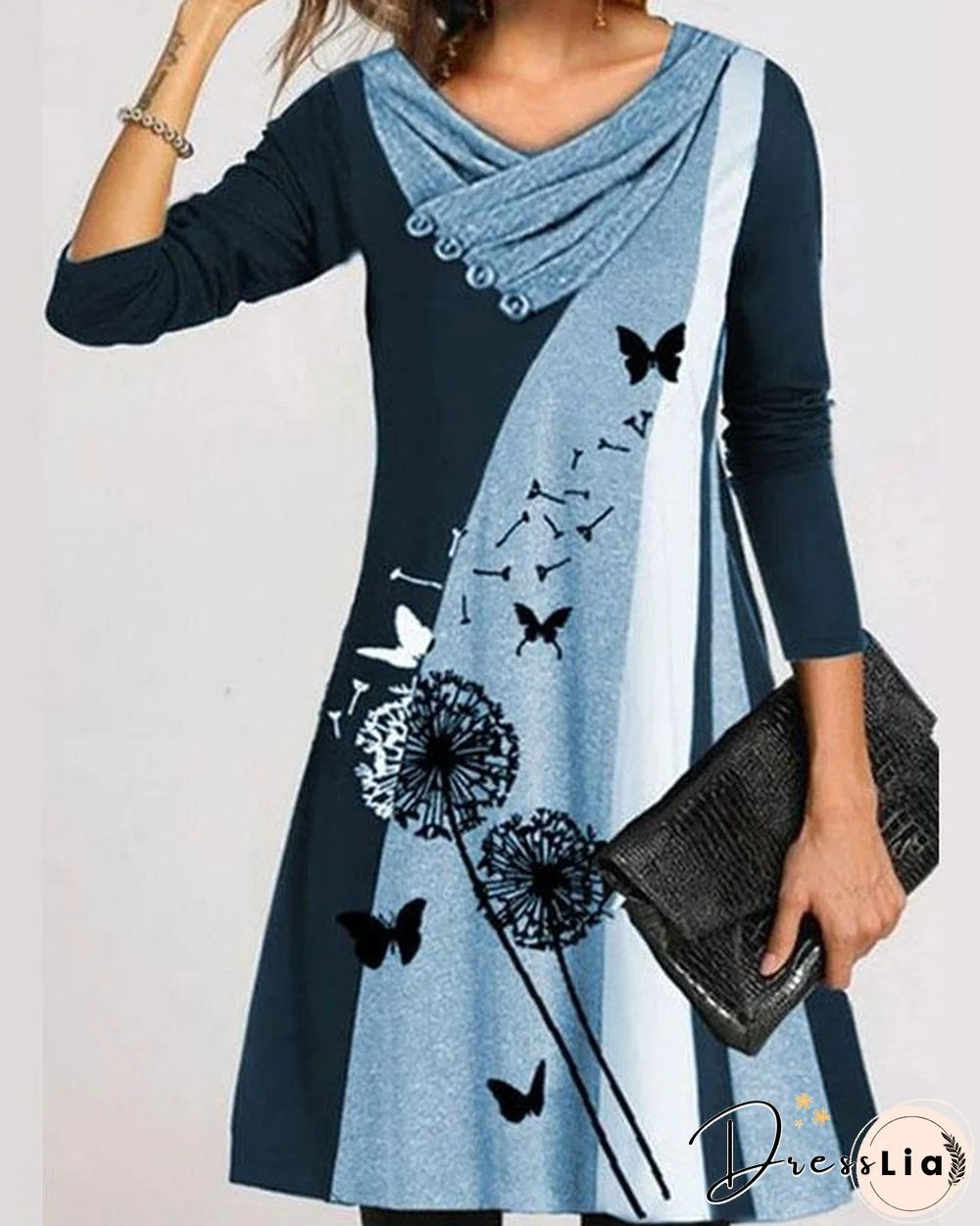 Dandelion Print Stripe Long Sleeve V Neck A-line Dress