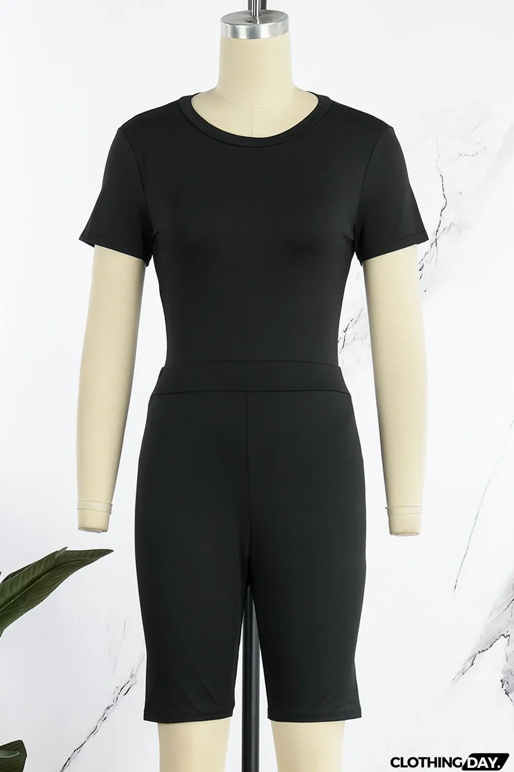 Black Casual Solid Patchwork O Neck Short Sleeve Two Pieces