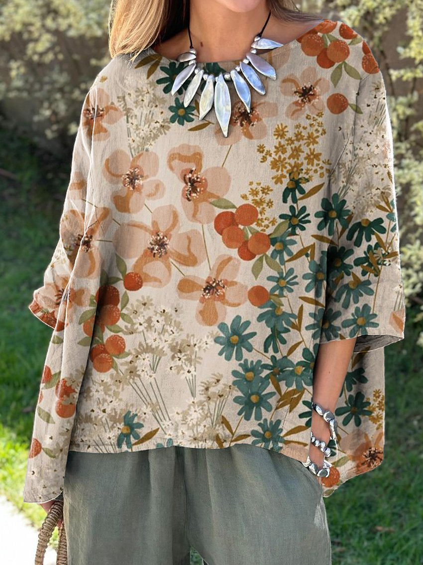 Vintage Floral And Firethorn Bush Pattern Printed Women's Casual Cotton And Linen Shirt