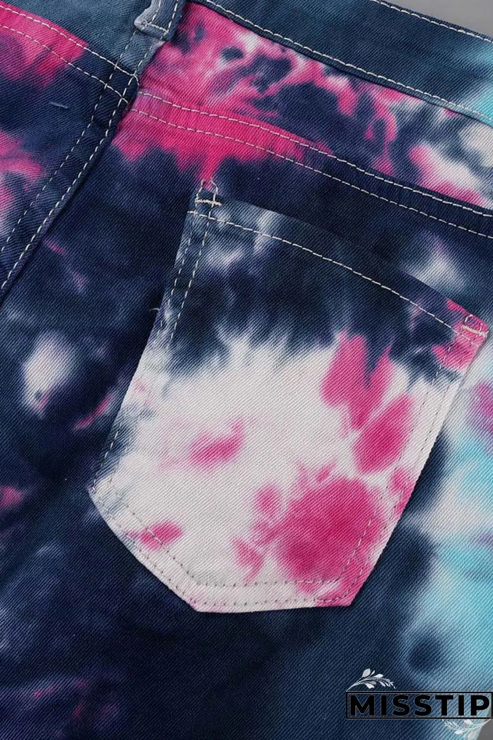 Deep Blue Casual Tie Dye Ripped Turndown Collar Long Sleeve Two Pieces