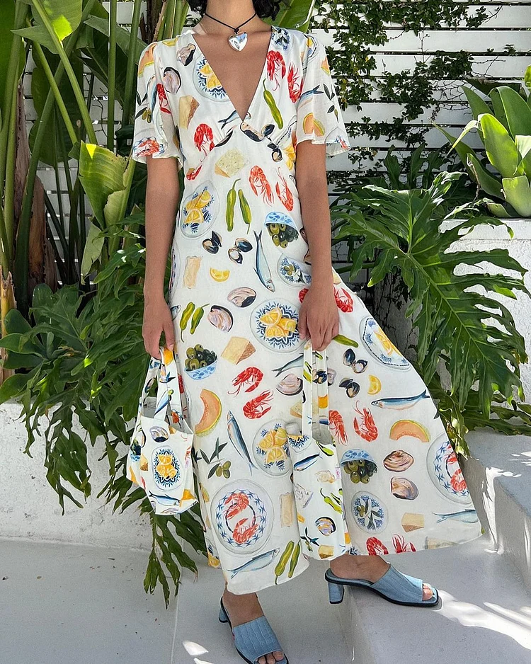 V-neck abstract food print dress