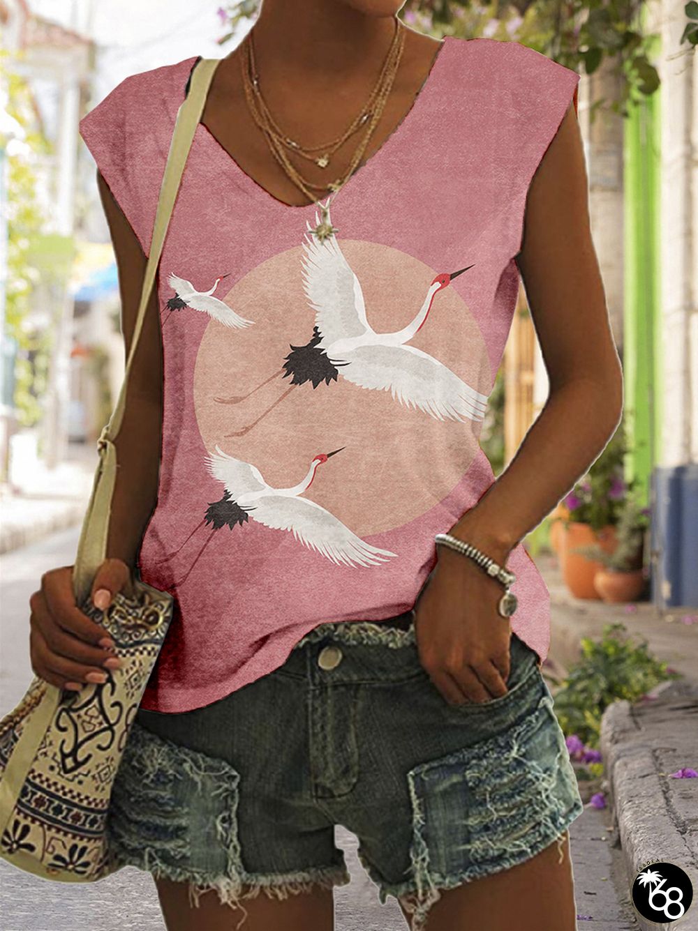Flying Cranes Japanese Art V Neck Casual Tank Top | 168DEAL
