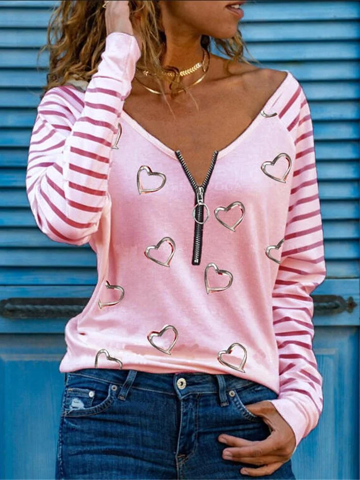 Women Casual Long Sleeve V-neck Printed Tops