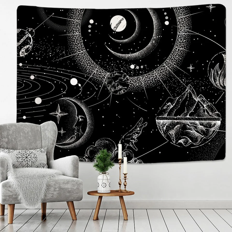 White Black Sun Moon Mandala Starry Sky Tapestry Wall Hanging Bohemian Gypsy Psychedelic Tapiz Witchcraft Astrology Tapestry