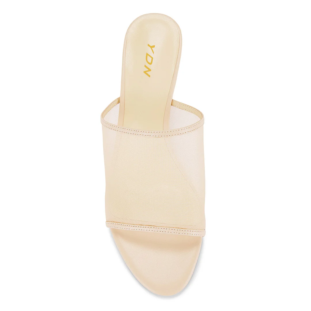 Beige Wedge Heel Mesh Open Round Toe Slides for Women
