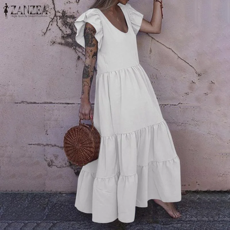 Stylish Ruffles Holiday Vestidos 2022 ZANZEA Summer Long Maxi Dress Women Butterfly Sleeve Solid Party Sundress Kaftan