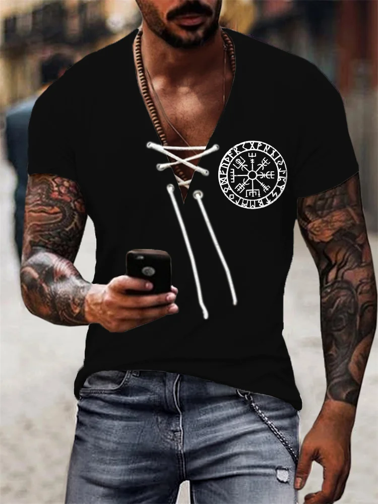 BrosWear Men's Viking Compass Vegvisir Graphic Lace Up T Shirt
