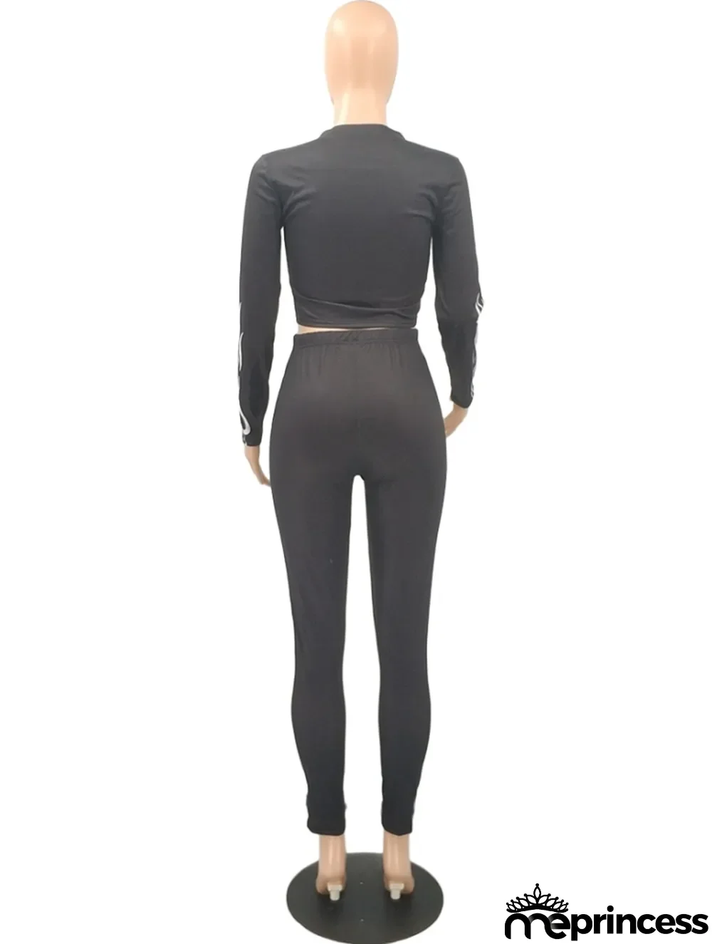 Spring Sexy Black Print Round Collar Long Sleeve Crop Top And Pant Wholesale Womens 2 Piece Sets