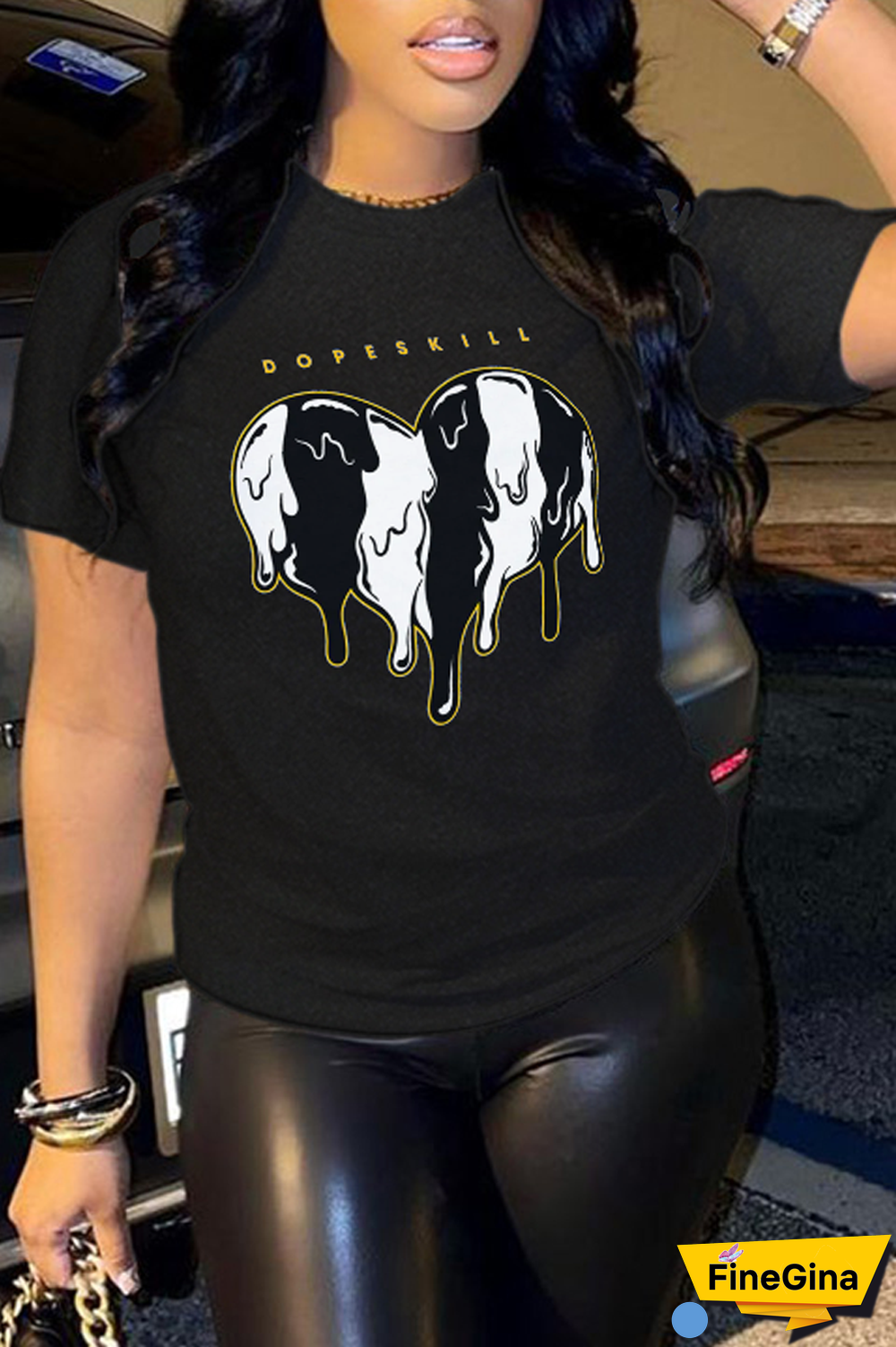 Black Casual Street Print Patchwork Letter O Neck T-Shirts