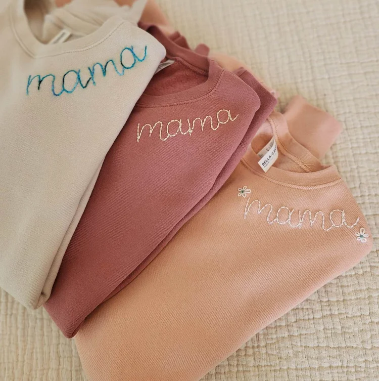 Mama- Hand Embroidered Sweatshirt, Collar Embroidery, Name on Sleeve,  Mother's Day Gift, Personalized Crewneck, New Mom Gift