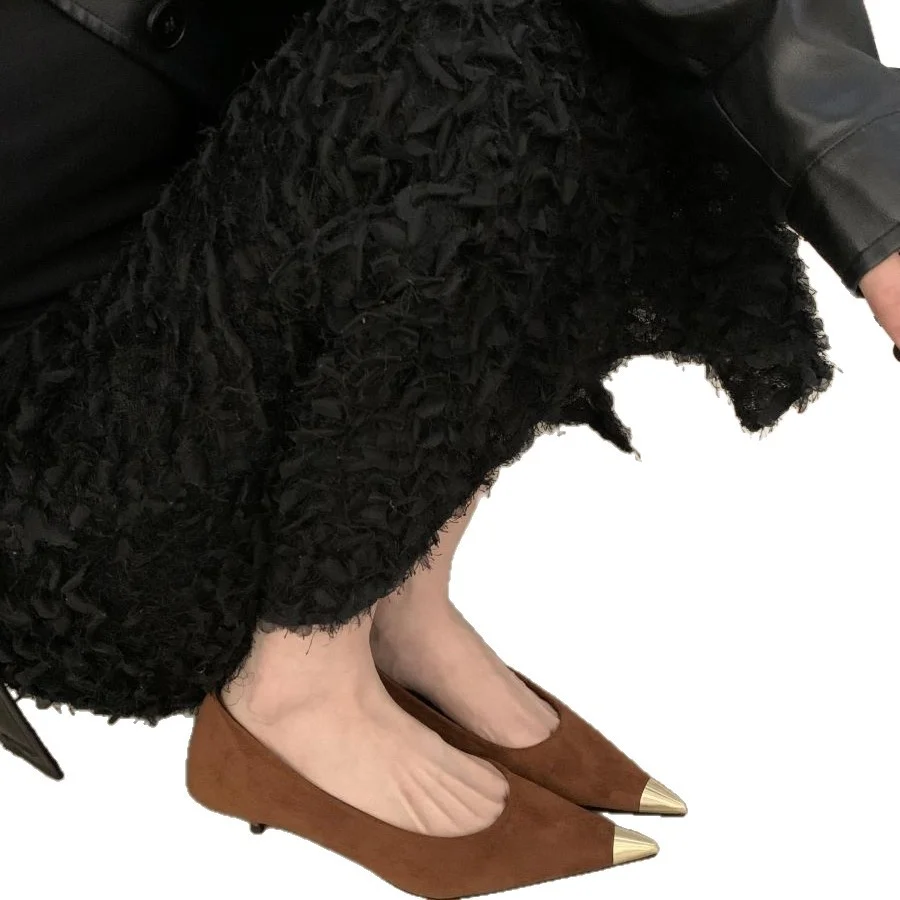 Breakj Breakj 2025 New Retro Leopard-Print Metal Shallow Mouth Single Shoes French Temperament Velvet Head Tip Fine Heel High Heels