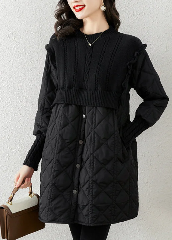 French Black Stand Collar Knit Patchwork Fine Cotton Filled Maxi Dress Winter