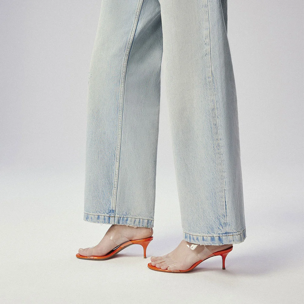 Elegant Orange Round Toe Kitten Heel Clear Mules for Women