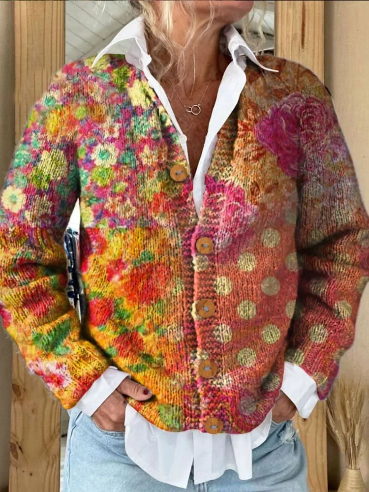 Colorful Floral Print Buttoned Cardigan Sweater