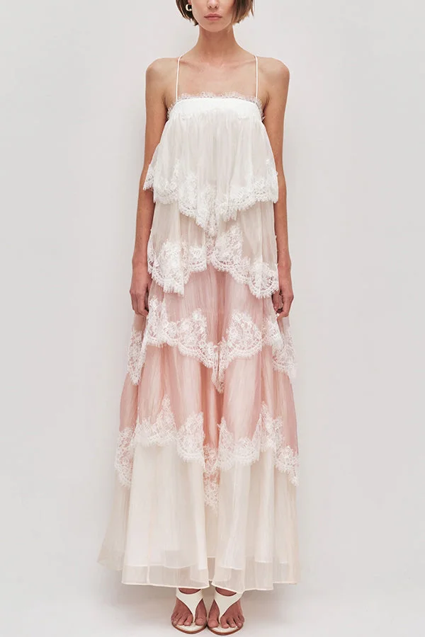 Caroline Gradient Layered Lace Trim Tiers Adjustable Straps Backless A-line Maxi Dress