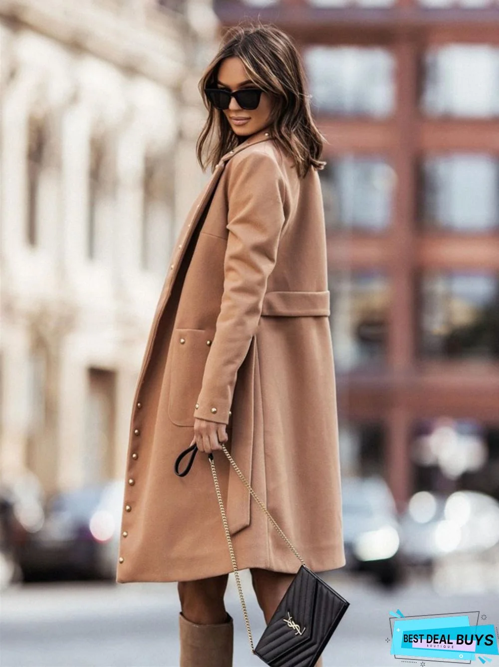 Simple Double Row Button Rivet Long Sleeve Lapel Button Woolen Coat