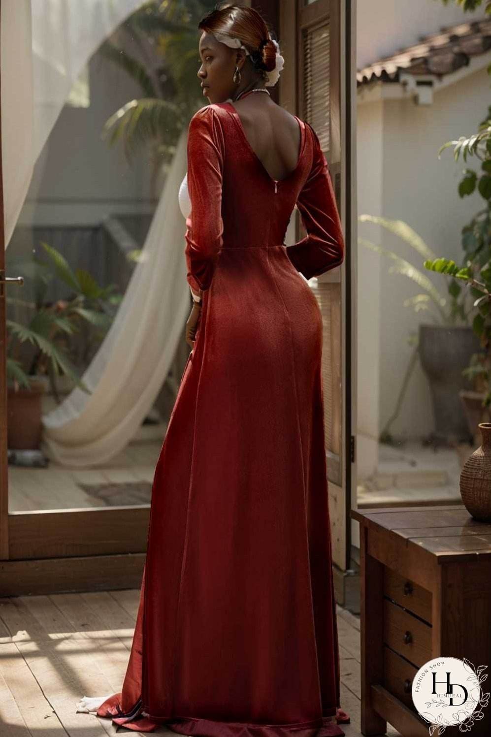 velvet 3 4 length sleeve illusion v neck front slit evening dress