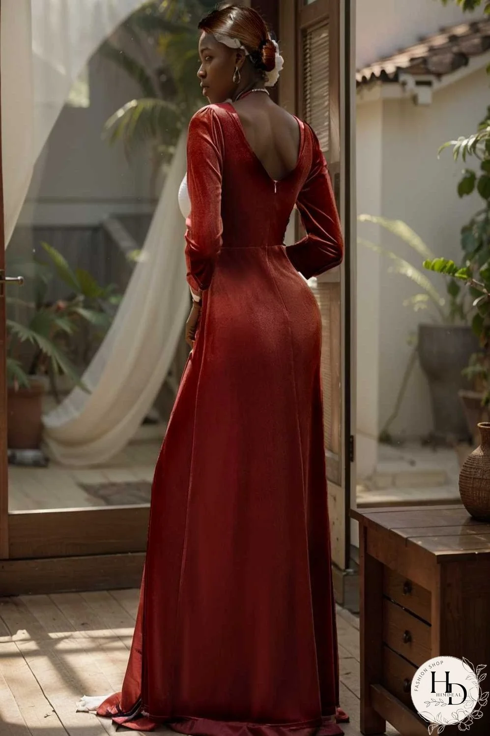 velvet 3 4 length sleeve illusion v neck front slit evening dress