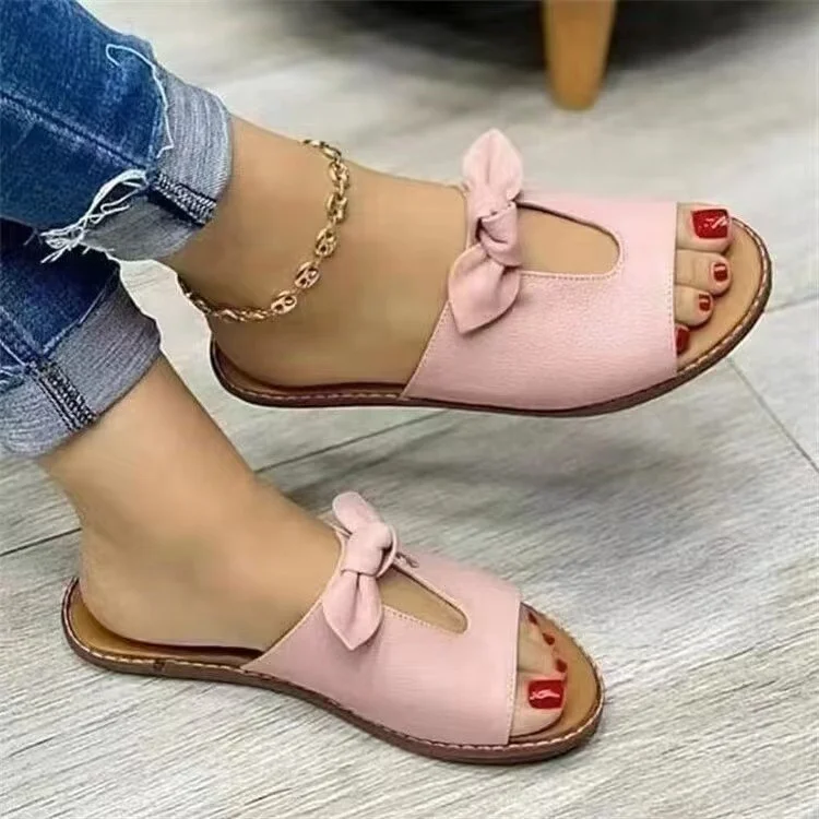 Breakj Breakj Summer Women's Flat-Bottomed Slippers Bows Decorate Wide Strip Slippers Solid-Colored Large-Size Flat-Bottomed Sandals
