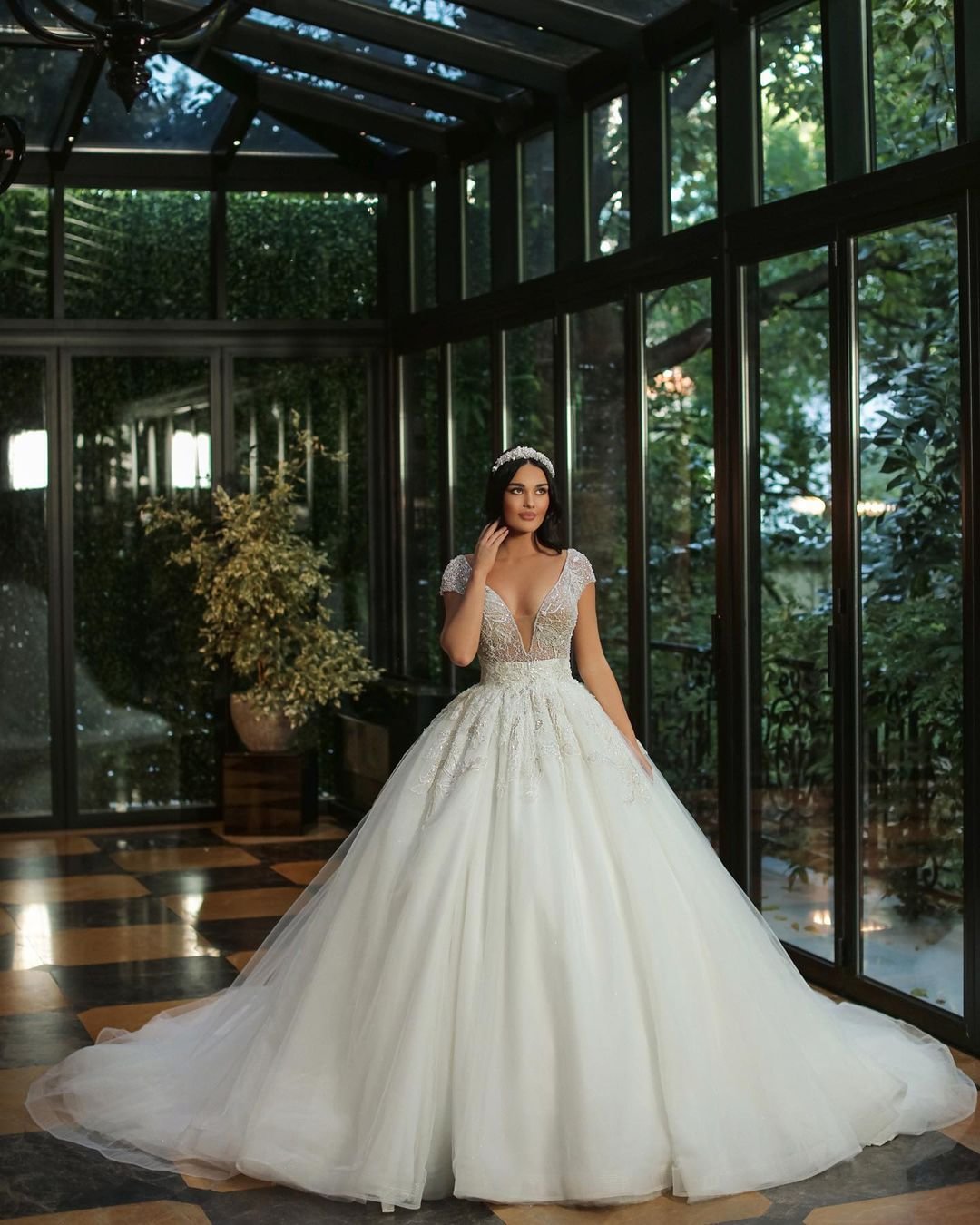 Classy A-line V-neck Long Cap Sleeveless Wedding Dress With Beads Tulle ...