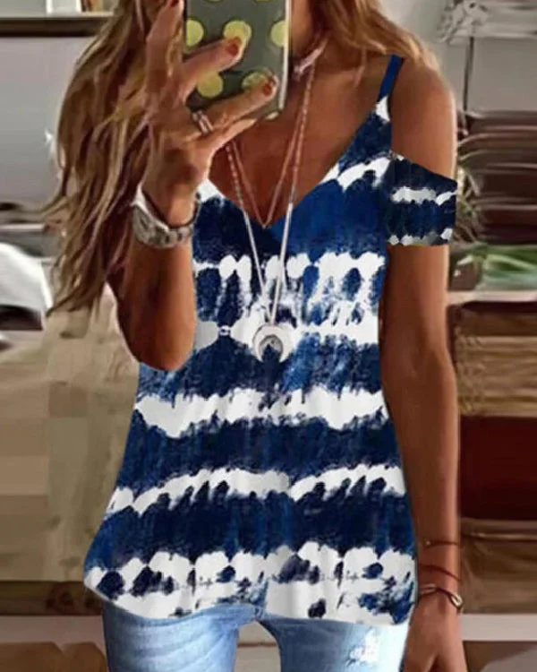 Printed V-Neck Off-Shoulder Short Sleeve Sexy Top
