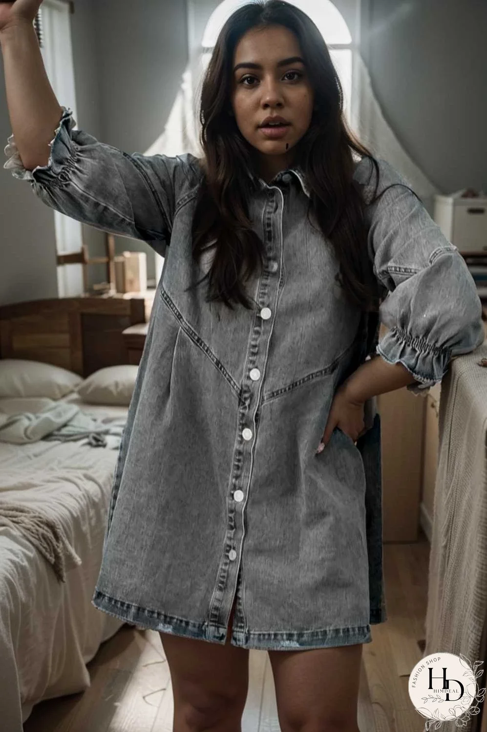 down loose short sleeve denim jean dress drop shoulder a line paneled peasant closed bateau v neck dress