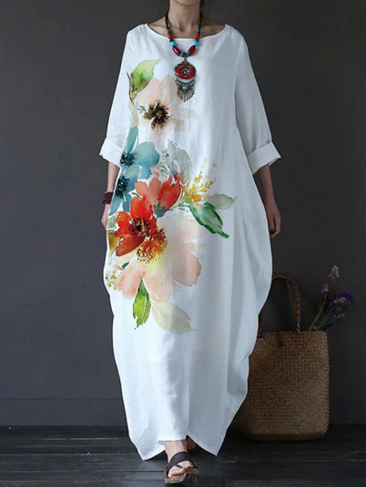 Ursime Casual Floral Crew Neck Long Sleeve Loose Maxi Dress