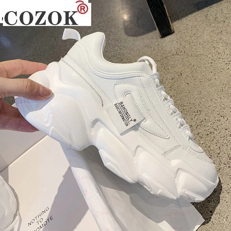 Women Shoes Spring 2021 New White Platform Sneakers Women Shoes Beige Leather Casual Shoes Women Lace-up Women Vulcanized Shoes