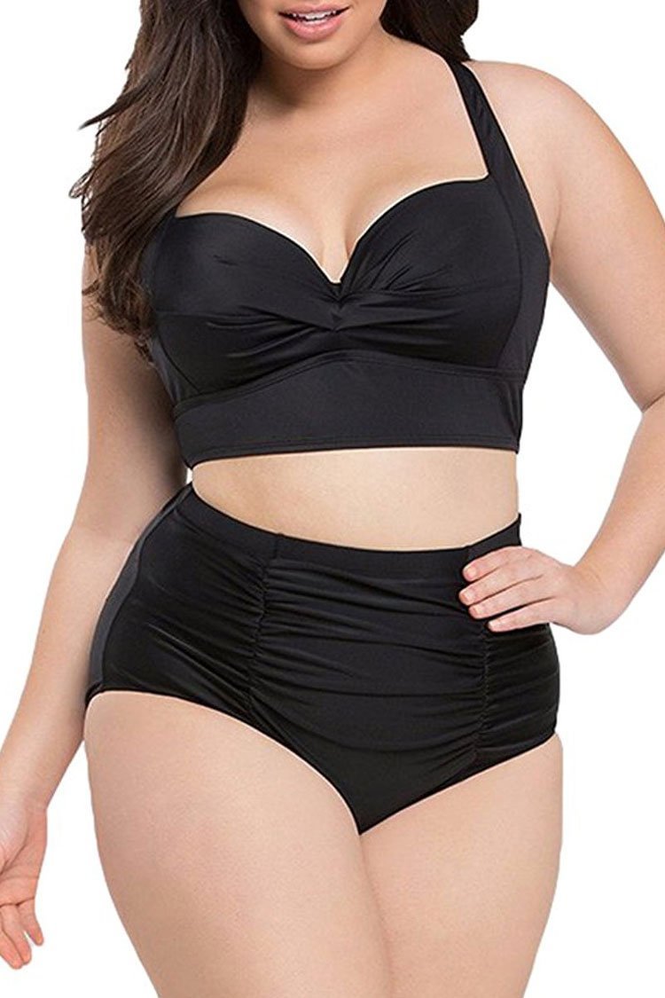 Plus Size Ruched Front Push Up High Waisted Bikini Swimsuit - Two Piece Set-elleschic