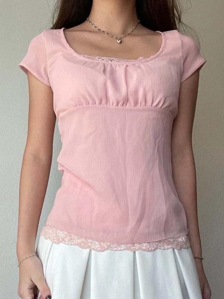 Rapcopter y2k Chiffon Crop Top Lace Trim Short Sleeve T Shirt O Neck Cute Sweet Pullovers Women Pink Summer Fairycore Basic Tee